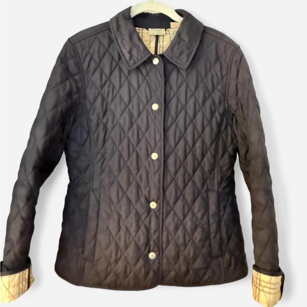 LL Bean Quilted Jacket S Navy Plaid Lined Barn Coat Preppy Coastal Grandmother